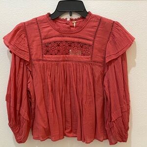 Free People Ladies Laura Eyelet Lace Blouse in Dark Coral - XS